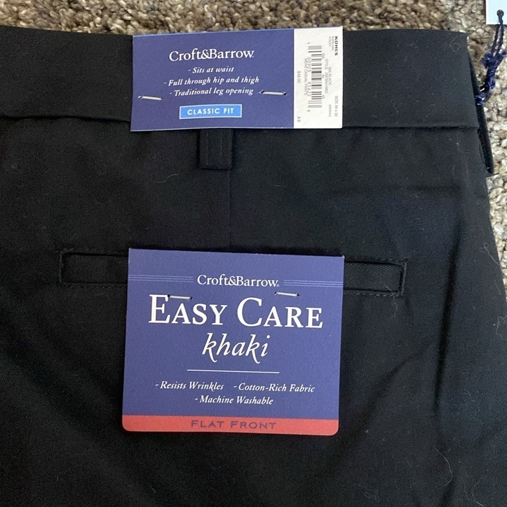 Croft & Barrow Easy Care khaki Classic Fit Flat Front Mens Black Pants 36x32 NWT - Picture 4 of 5